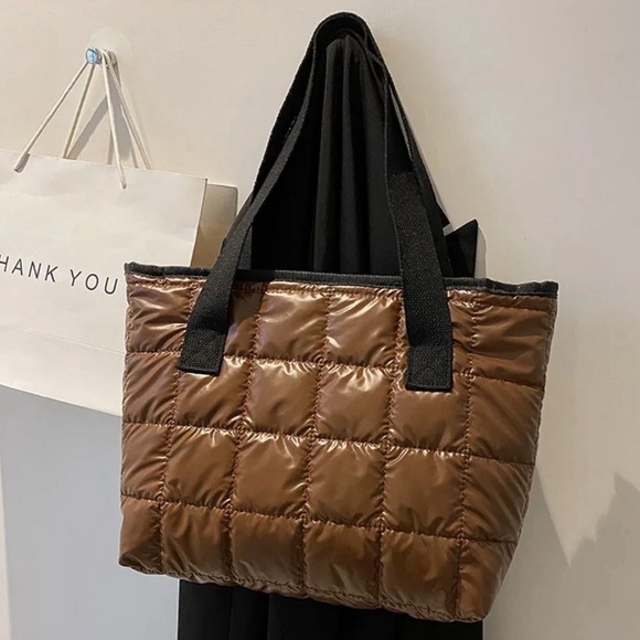 Handbags - Brown, Silver and Black Medium Sized Puffer Tote Bags/ Purse